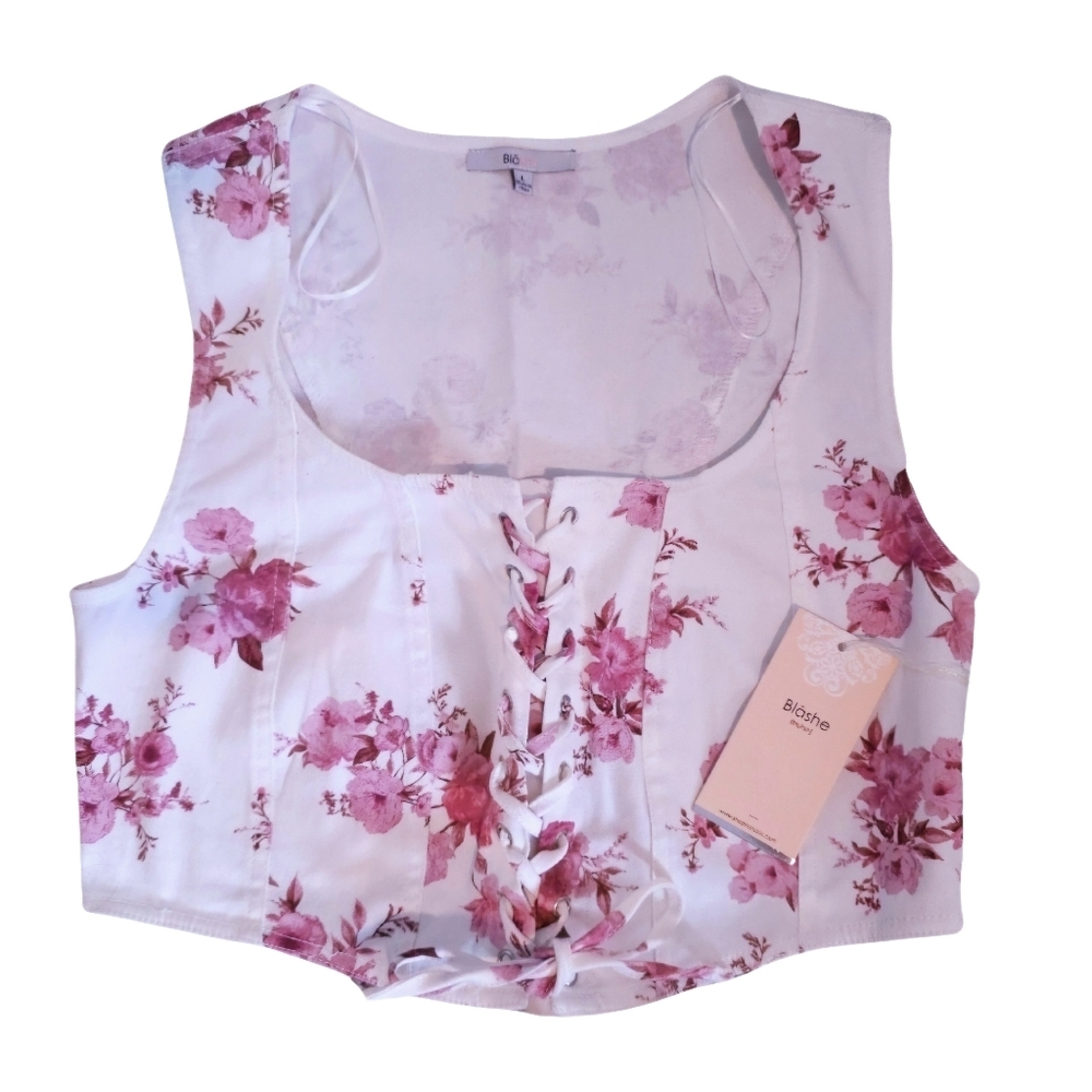 Cottagecore Cropped Unlined Lace-Up Corset Top Bustier Pink White Floral Sz L
